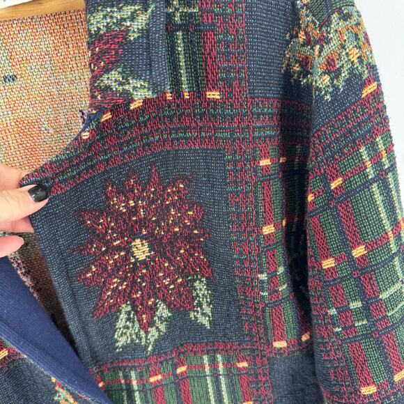 Sugar Street Weavers Tapestry Christmas Jacket Poinsettias Plaid One Size - Picture 8 of 10
